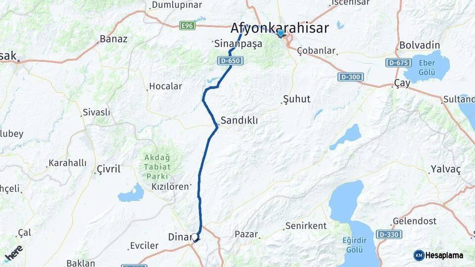 Afyonkarahisar Dinar Arası Kaç Km - Yol Haritası