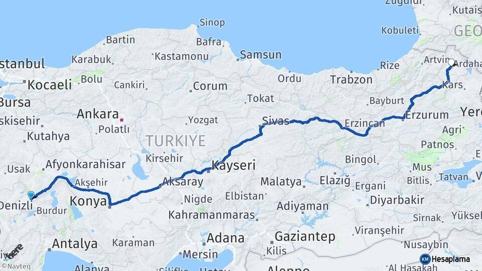 Afyonkarahisar Dinar Ardahan Arası Kaç Km - Yol Haritası