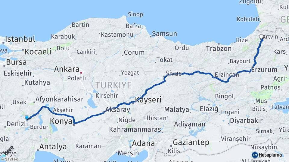 Afyonkarahisar Dinar Artvin Arası Kaç Km - Yol Haritası