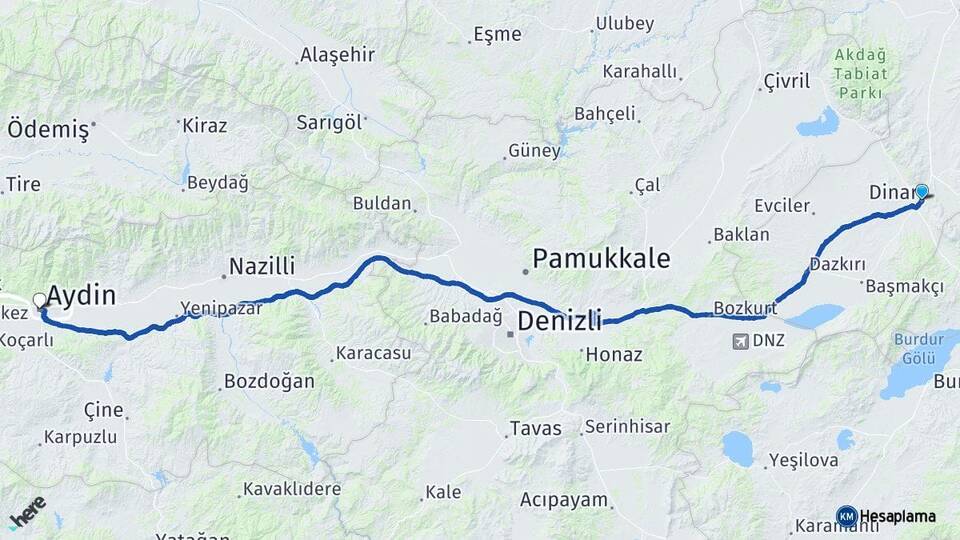 Afyonkarahisar Dinar Aydın Arası Kaç Km - Yol Haritası