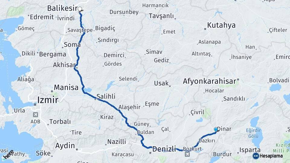 Afyonkarahisar Dinar Balıkesir Arası Kaç Km - Yol Haritası
