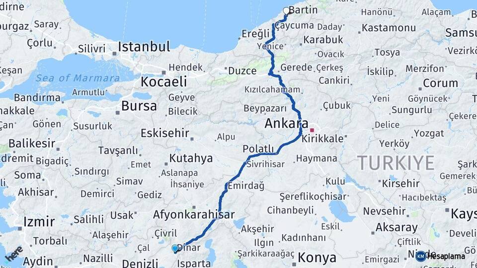 Afyonkarahisar Dinar Bartın Arası Kaç Km - Yol Haritası