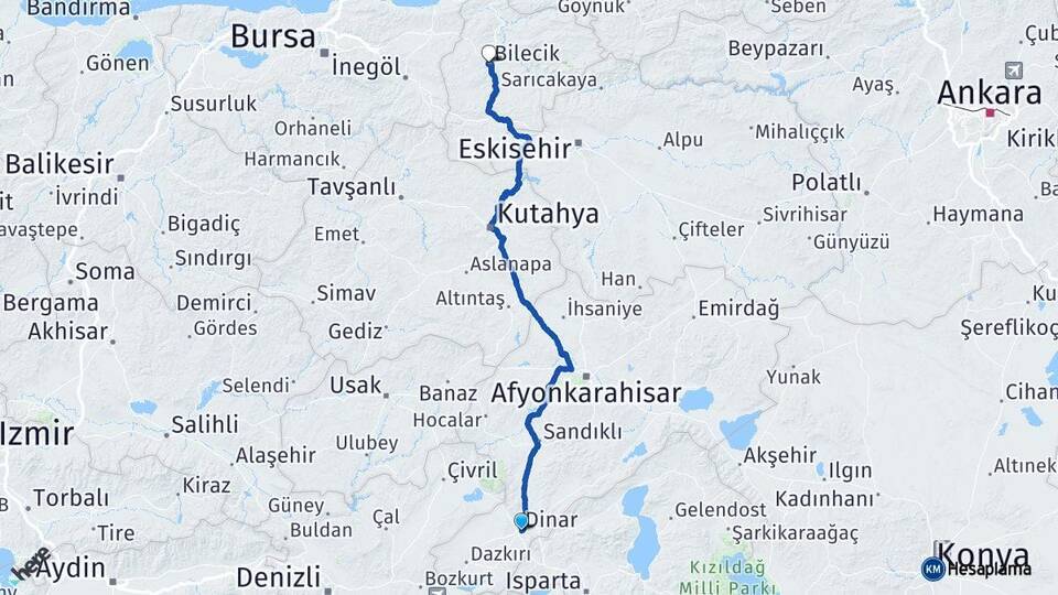 Afyonkarahisar Dinar Bilecik Arası Kaç Km - Yol Haritası