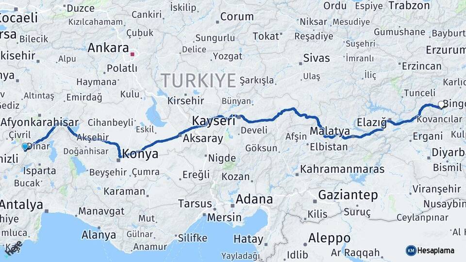 Afyonkarahisar Dinar Bingöl Arası Kaç Km - Yol Haritası