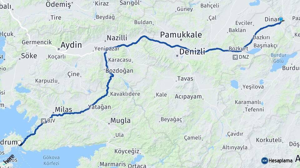 Afyonkarahisar Dinar Bodrum Muğla Arası Kaç Km - Yol Haritası