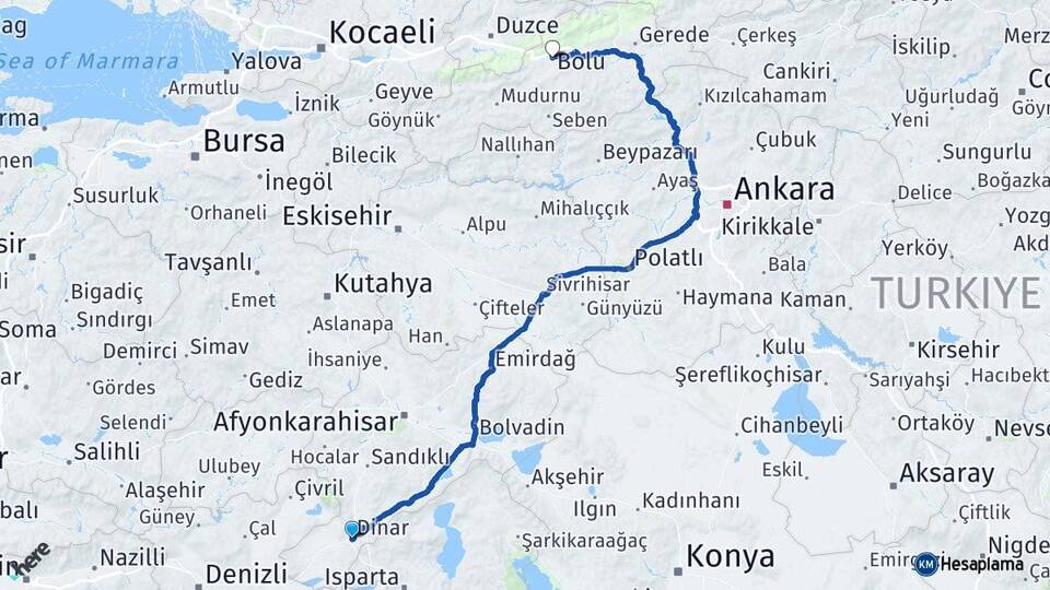 Afyonkarahisar Dinar Bolu Arası Kaç Km - Yol Haritası