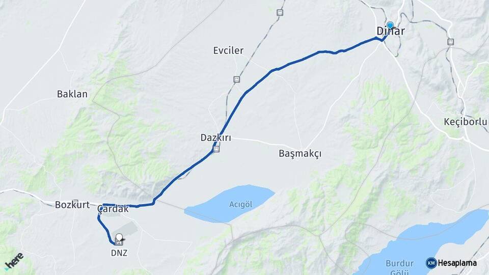 Afyonkarahisar Dinar Çardak Havalimanı Arası Kaç Km - Yol Haritası