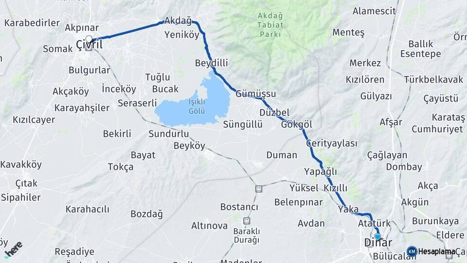 Afyonkarahisar Dinar Çivril Denizli Arası Kaç Km - Yol Haritası