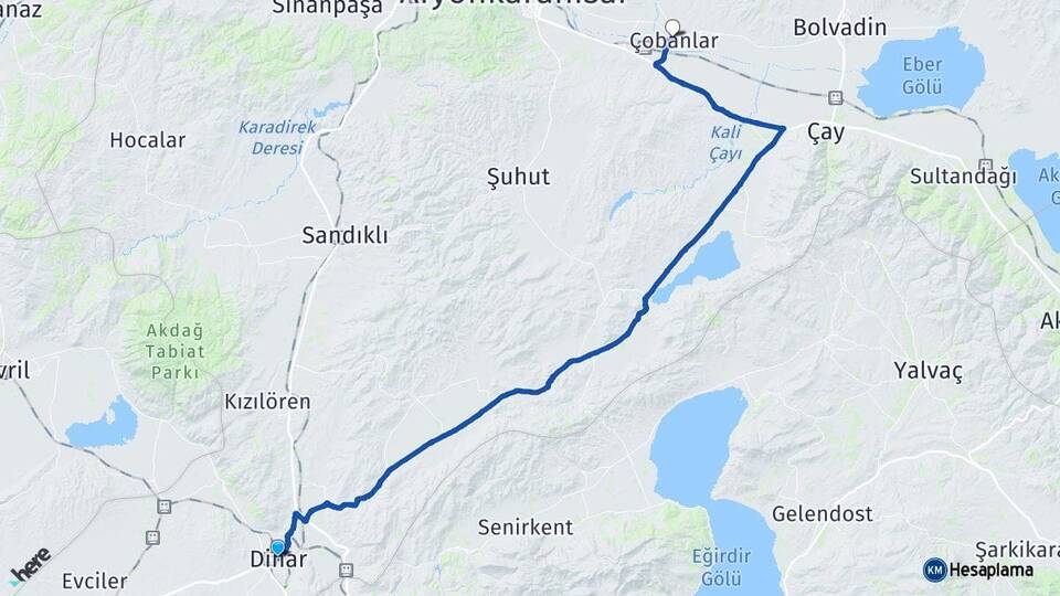 Afyonkarahisar Dinar Çobanlar Arası Kaç Km - Yol Haritası