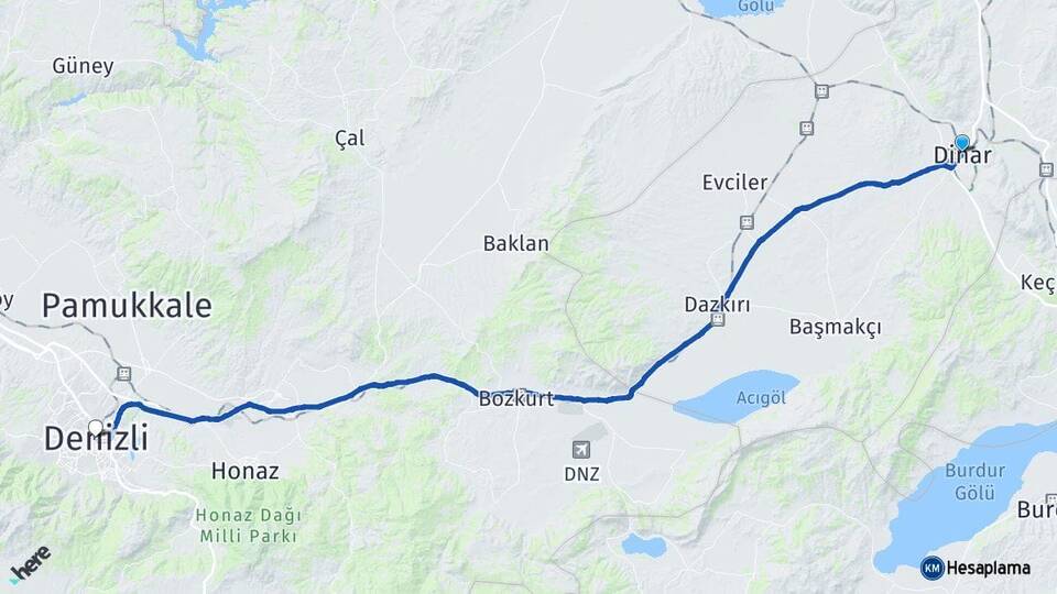 Afyonkarahisar Dinar Denizli Arası Kaç Km - Yol Haritası