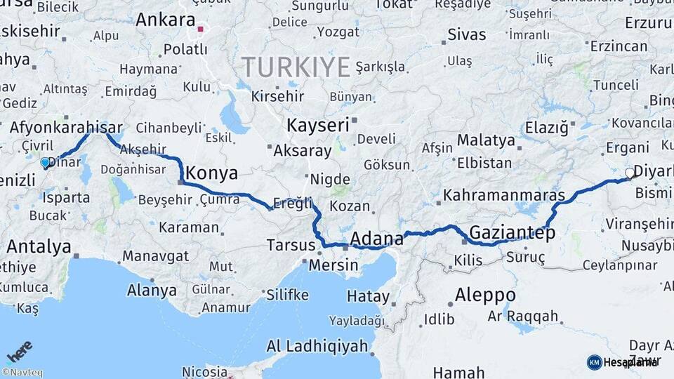 Afyonkarahisar Dinar Diyarbakır Arası Kaç Km - Yol Haritası