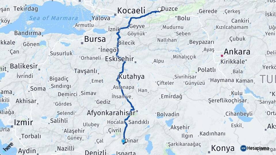 Afyonkarahisar Dinar Düzce Arası Kaç Km - Yol Haritası