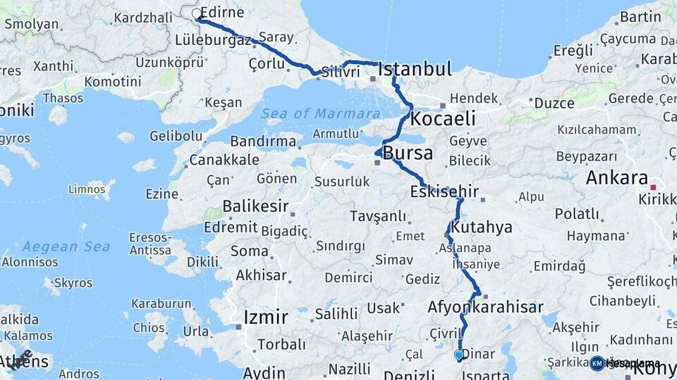 Afyonkarahisar Dinar Edirne Arası Kaç Km - Yol Haritası