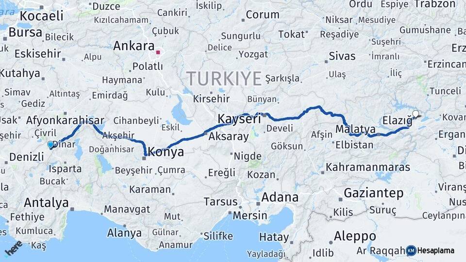Afyonkarahisar Dinar Elazığ Arası Kaç Km - Yol Haritası