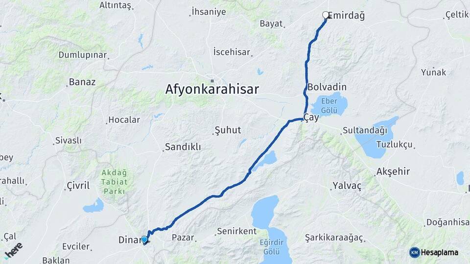 Afyonkarahisar Dinar Emirdağ Arası Kaç Km - Yol Haritası
