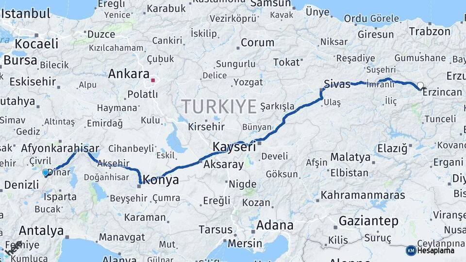 Afyonkarahisar Dinar Erzincan Arası Kaç Km - Yol Haritası
