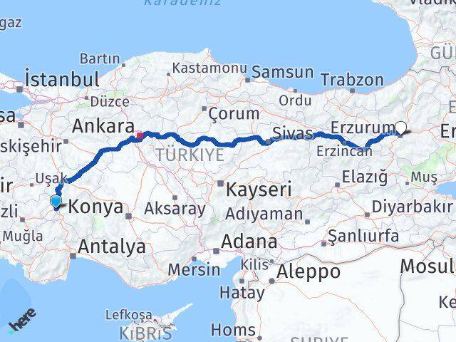 Afyonkarahisar Dinar Erzurum Arası Kaç Km - Yol Haritası