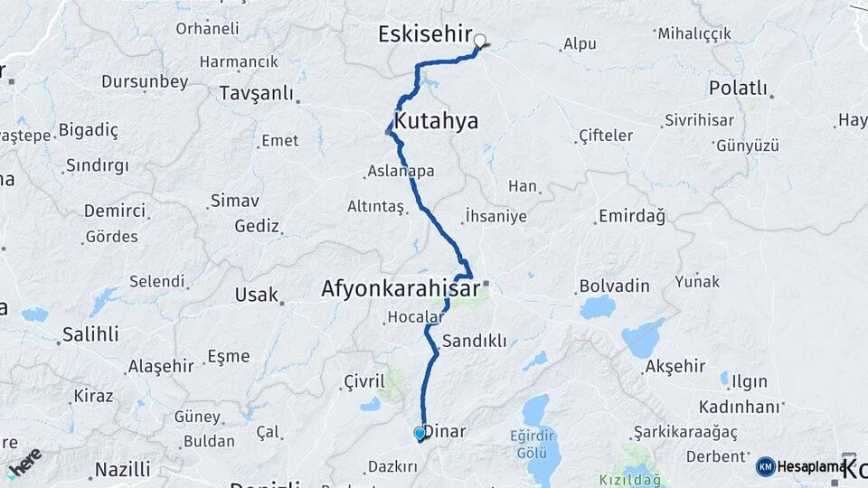 Afyonkarahisar Dinar Eskişehir Arası Kaç Km - Yol Haritası