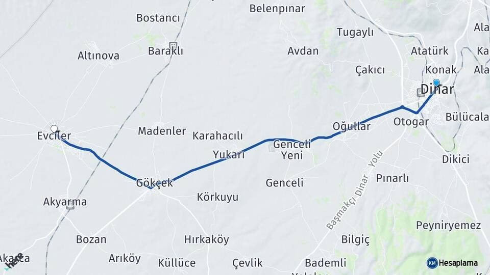 Afyonkarahisar Dinar Evciler Arası Kaç Km - Yol Haritası