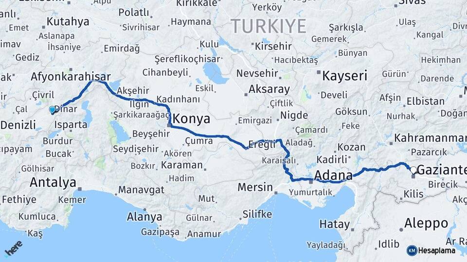 Afyonkarahisar Dinar Gaziantep Arası Kaç Km - Yol Haritası