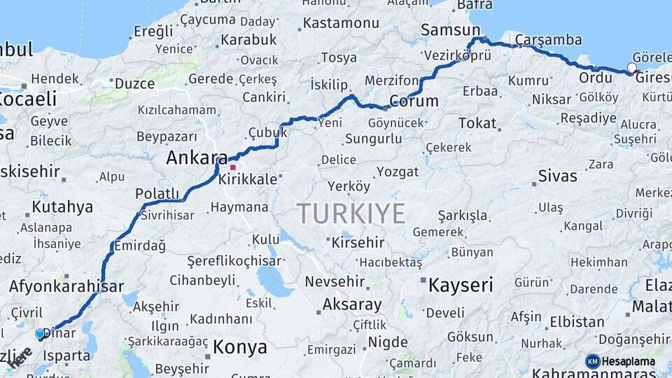 Afyonkarahisar Dinar Giresun Arası Kaç Km - Yol Haritası