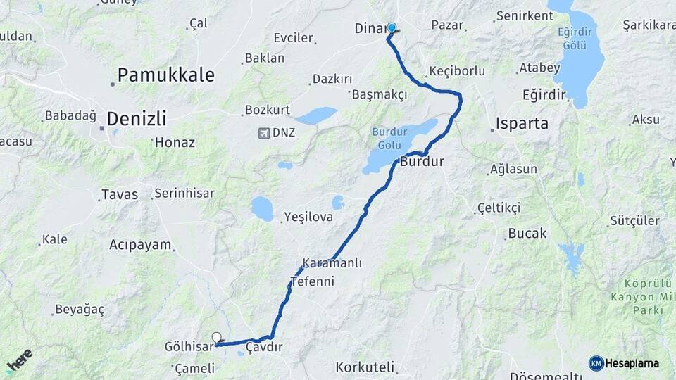 Afyonkarahisar Dinar Gölhisar Burdur Arası Kaç Km - Yol Haritası