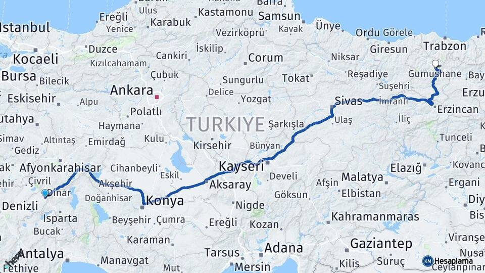 Afyonkarahisar Dinar Gümüşhane Arası Kaç Km - Yol Haritası