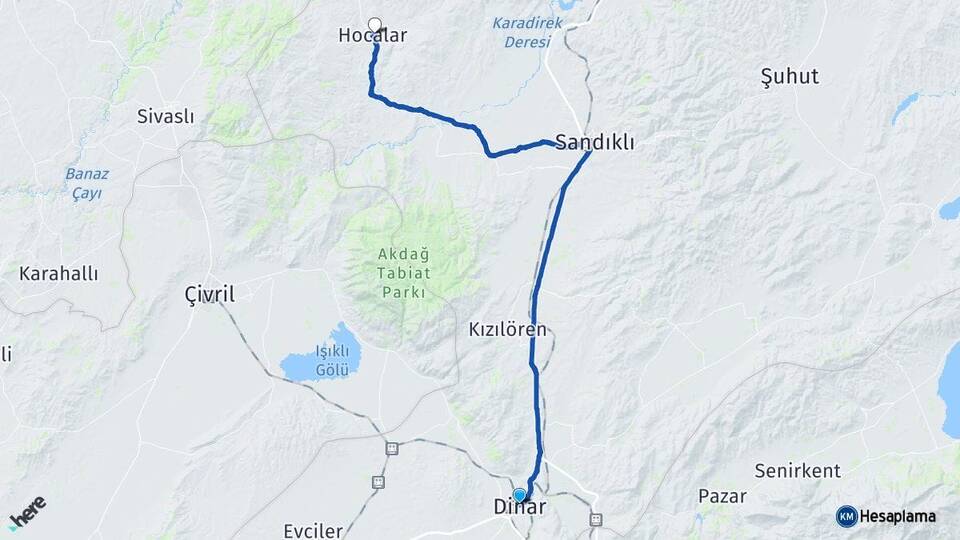 Afyonkarahisar Dinar Hocalar Arası Kaç Km - Yol Haritası