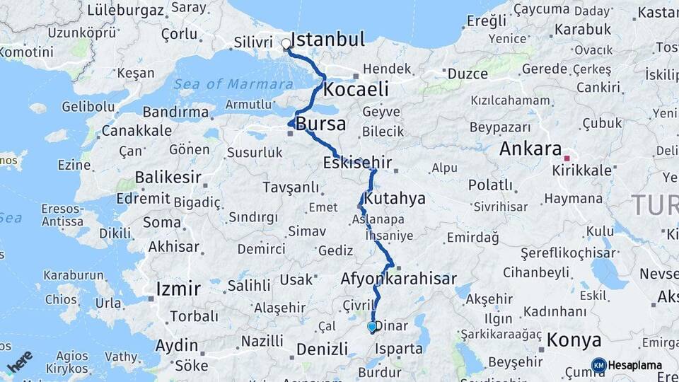Afyonkarahisar Dinar İstanbul Arası Kaç Km - Yol Haritası