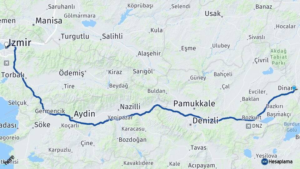 Afyonkarahisar Dinar İzmir Arası Kaç Km - Yol Haritası
