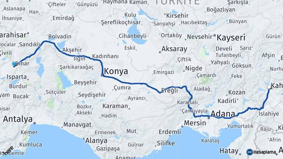 Afyonkarahisar Dinar Kahramanmaraş Arası Kaç Km - Yol Haritası