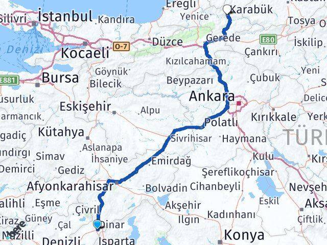 Afyonkarahisar Dinar Karabük Arası Kaç Km - Yol Haritası