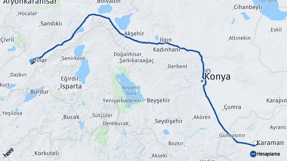 Afyonkarahisar Dinar Karaman Arası Kaç Km - Yol Haritası