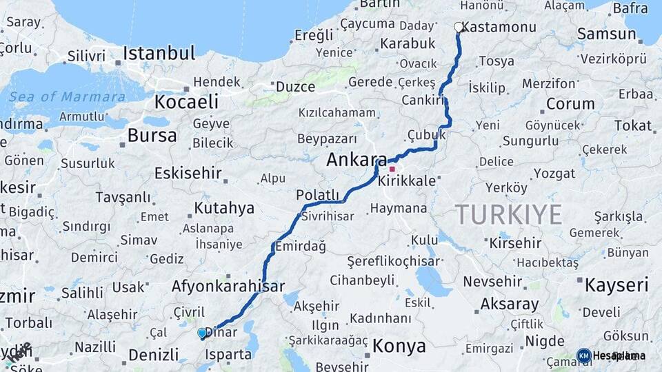 Afyonkarahisar Dinar Kastamonu Arası Kaç Km - Yol Haritası