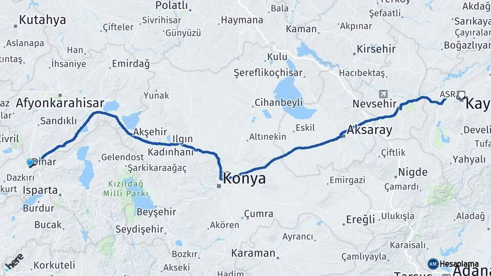 Afyonkarahisar Dinar Kayseri Arası Kaç Km - Yol Haritası