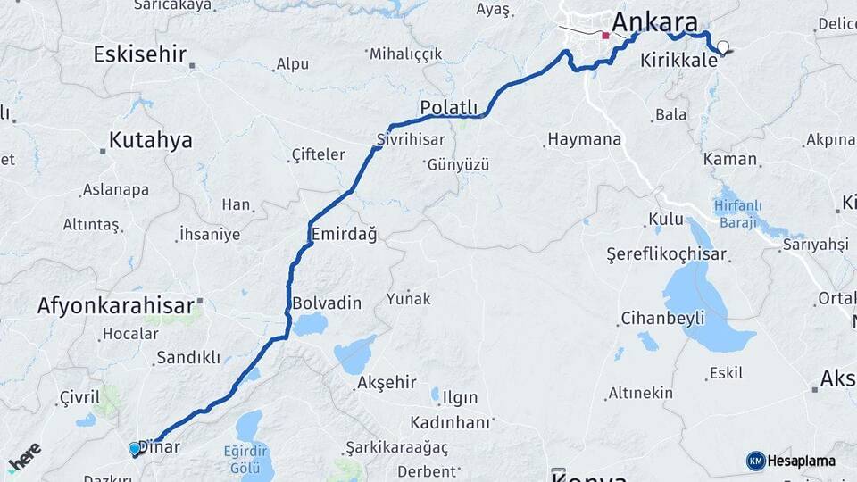 Afyonkarahisar Dinar Kırıkkale Arası Kaç Km - Yol Haritası