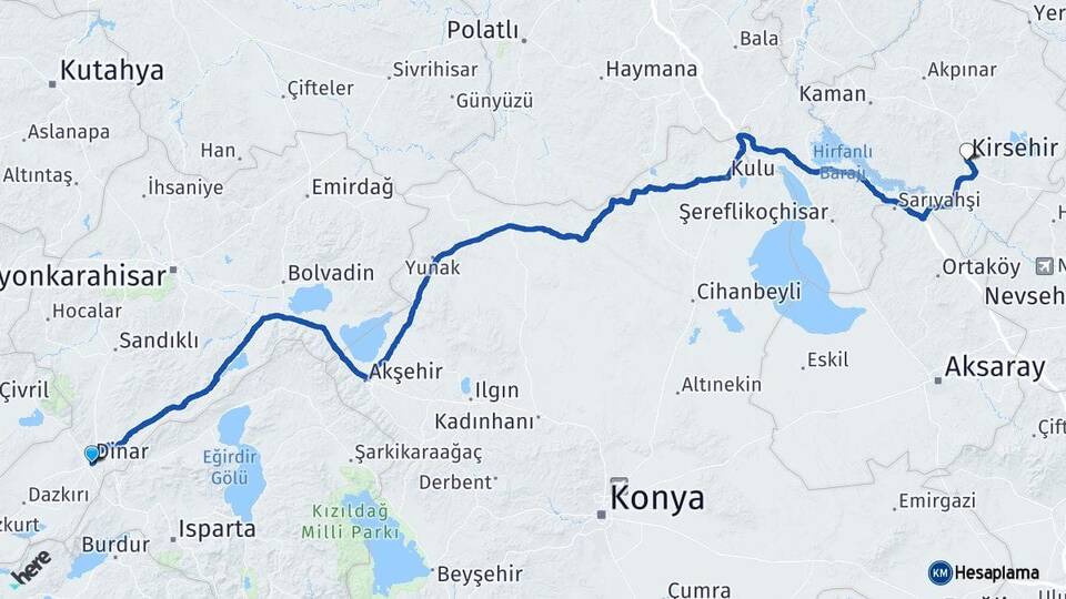 Afyonkarahisar Dinar Kırşehir Arası Kaç Km - Yol Haritası