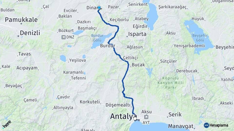 Afyonkarahisar Dinar Konyaaltı Antalya Arası Kaç Km - Yol Haritası