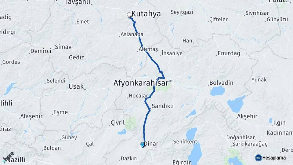 Afyonkarahisar Dinar Kütahya Arası Kaç Km - Yol Haritası