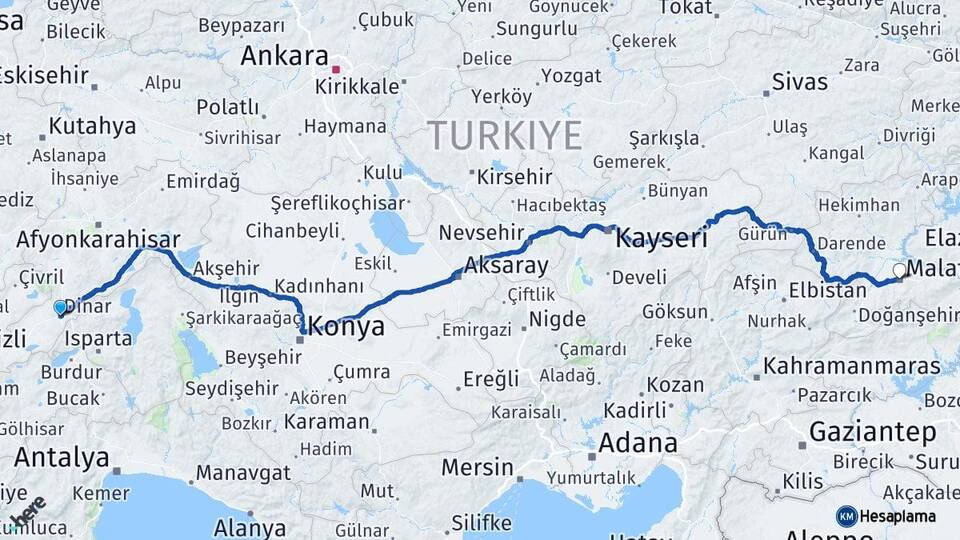 Afyonkarahisar Dinar Malatya Arası Kaç Km - Yol Haritası