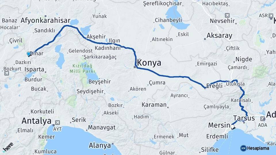 Afyonkarahisar Dinar Mersin Arası Kaç Km - Yol Haritası