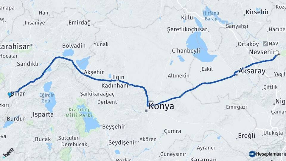 Afyonkarahisar Dinar Nevşehir Arası Kaç Km - Yol Haritası