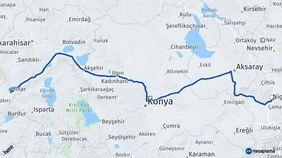 Afyonkarahisar Dinar Niğde Arası Kaç Km - Yol Haritası
