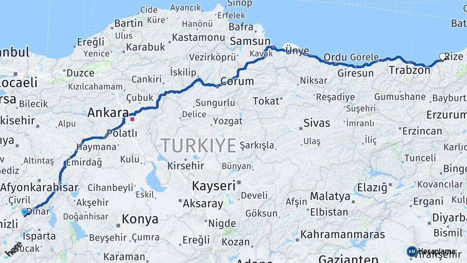 Afyonkarahisar Dinar Rize Arası Kaç Km - Yol Haritası