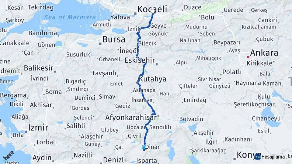 Afyonkarahisar Dinar Sakarya Arası Kaç Km - Yol Haritası