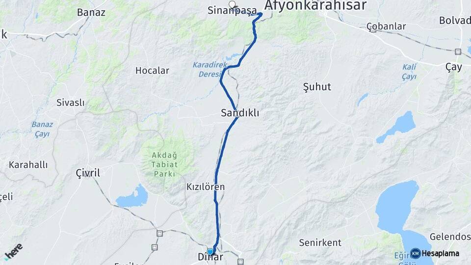 Afyonkarahisar Dinar Sinanpaşa Arası Kaç Km - Yol Haritası