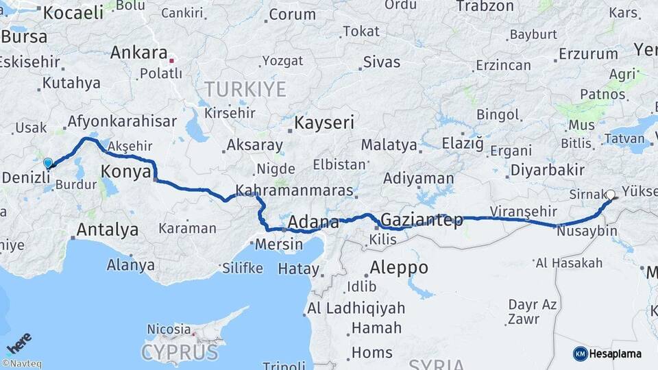 Afyonkarahisar Dinar Şırnak Arası Kaç Km - Yol Haritası