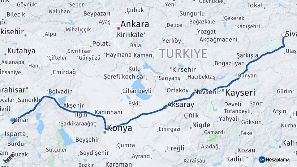 Afyonkarahisar Dinar Sivas Arası Kaç Km - Yol Haritası