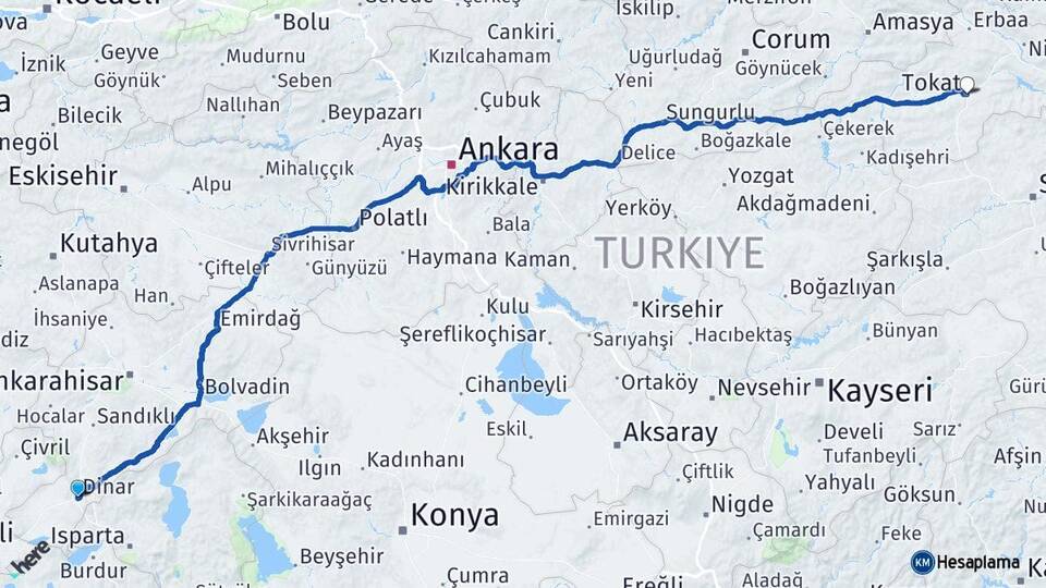 Afyonkarahisar Dinar Tokat Arası Kaç Km - Yol Haritası