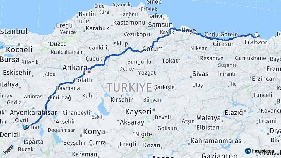 Afyonkarahisar Dinar Trabzon Arası Kaç Km - Yol Haritası